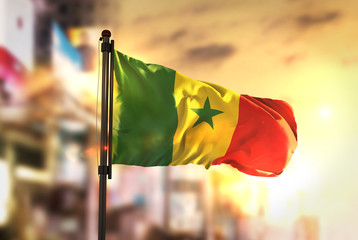 Senegal Flag Against City Blurred Background At Sunrise Backlight © natanaelginting