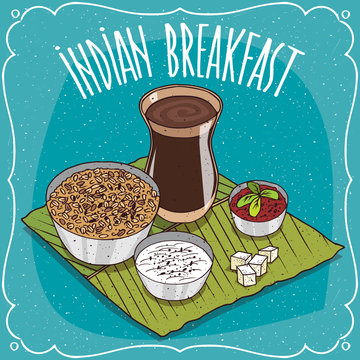 Traditional Breakfast, Food Of Indian Cuisine, Muesli Or Oatmeal With Spicy Sauce And Curd Cheese, On Banana Leaf Plate And Masala Chai Tea. Hand Drawn Comic Style