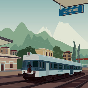 Landscape view with old train at railway station of European town. In the background the natural mountain scenic area. Realistic flat style. Square aspect ratio