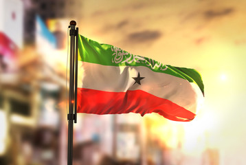 Somaliland Flag Against City Blurred Background At Sunrise Backlight