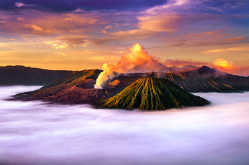 Mount Bromo volcano (Gunung Bromo) during sunrise from viewpoint on Mount Penanjakan in Bromo Tengger Semeru National Park, East Java, Indonesia. © tawatchai1990