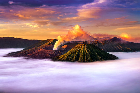 Mount Bromo volcano (Gunung Bromo) during sunrise from viewpoint on Mount Penanjakan in Bromo Tengger Semeru National Park, East Java, Indonesia.