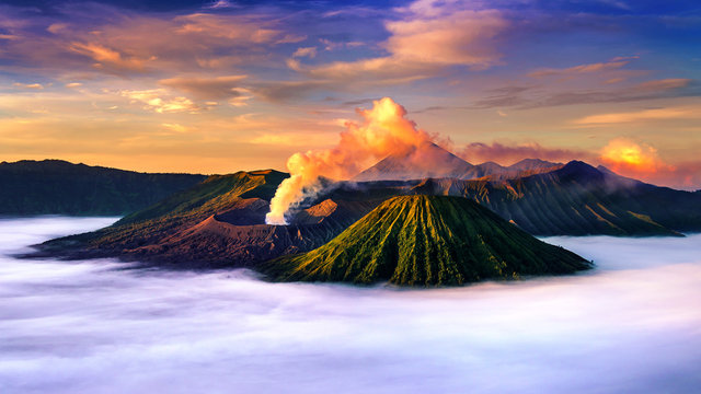 Mount Bromo volcano (Gunung Bromo) during sunrise from viewpoint on Mount Penanjakan in Bromo Tengger Semeru National Park, East Java, Indonesia.