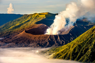 Mount Bromo volcano (Gunung Bromo) during sunrise from viewpoint on Mount Penanjakan in Bromo...