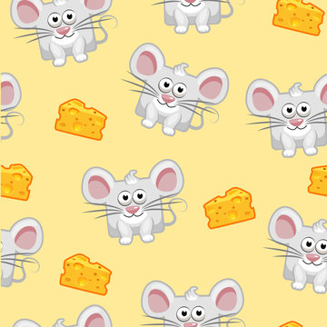 Seamless pattern Cute cartoon square grey mouse and cheese. Set vector animals