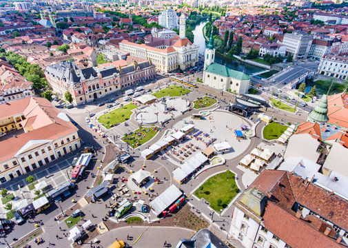Oradea city main square from above aerial view