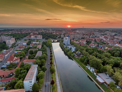 Oradea Cris River at sunset aerial view