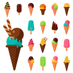 Sweet cartoon cold ice cream set and tasty frozen icecream collection vector delicious colorful desserts