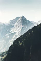 Selbstklebende Fototapete Weiß Rocky Mountains Gipfel und Wald Landschaft Sommer Reisen wilde Naturlandschaft Luftbild