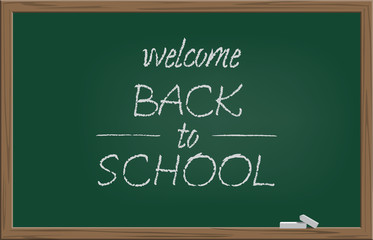 Welcome back to school handdrawn chalk text on green blackboard. Vector illustration.