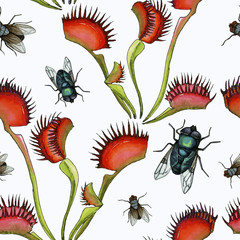 Hand painted carnivorous plants seamless pattern
