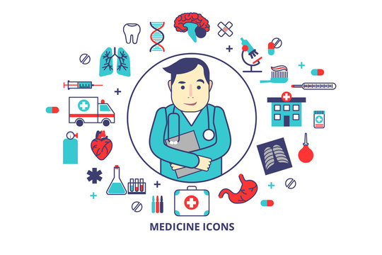 Flat line vector illustration Cardiologist Dr. with a lot of medical icons around. Can be used in the brochures and websites.