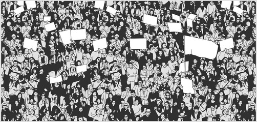 Illustration of crowd protesting for human rights with blank signs and flag