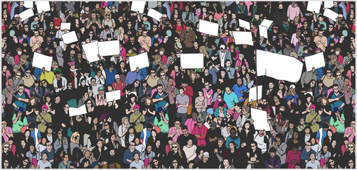 Illustration of crowd protesting for human rights with blank signs and flag