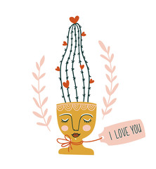 Hand drawn flowering cactus  in the ceramic pot with woman face. Scandinavian style illustration, Valentine's day card with lettering - 'I love you'. Vector print design.