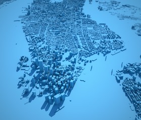 Cartina New York, vista satellitare, Stati Uniti, illustrazione con case quartieri e strade, sfondo blu