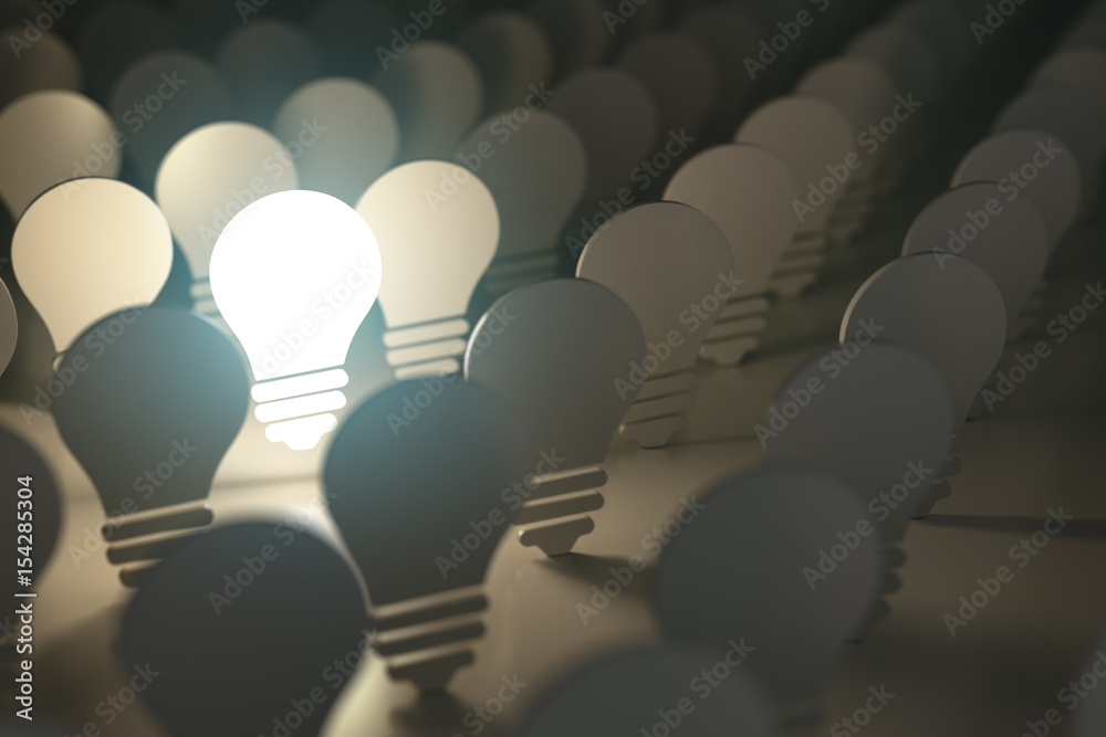 Poster light bulbs symbols with glowing one. idea or difference concept background