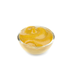 Bowl of delicious mustard sauce isolated on white