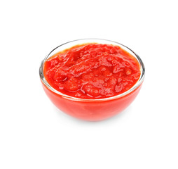 Bowl of delicious tomato sauce isolated on white