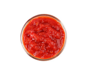 Bowl of delicious tomato sauce isolated on white