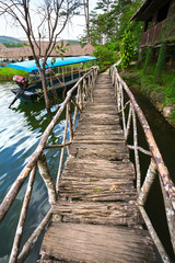 wooden bridge, lake, boat