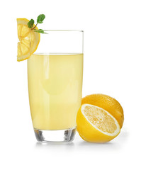 Delicious lemon juice in glass on white background