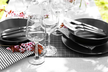 Floral table setting for dinner outdoor
