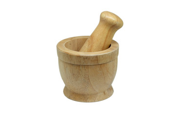 Wooden mortar and pestle for crushing herbal medicine or cooking, isolate on white background