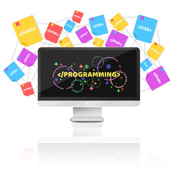 Modern computer on a white background. Mirror reflection. Multicolored pattern of characters. Programming in design. Programming languages. Vector illustration