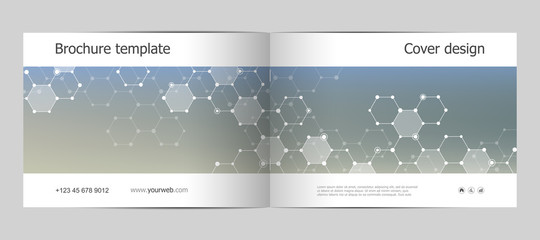 Rectangle brochure template layout, cover, annual report, magazine in A4 size with hexagonal molecule structure. Geometric abstract background. Vector illustration