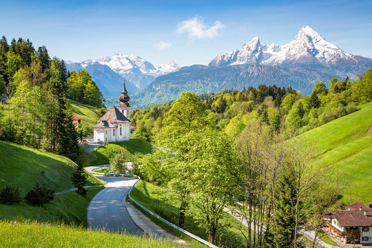 Maria Gern Chapel near Berchtesgaden with Watzmann mountain in summer, Bavaria, Germany