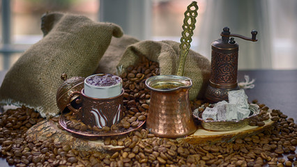 Turkish Coffee cup and saucer on a wooden table
