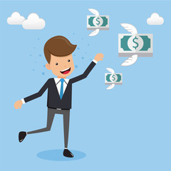 Businessman in Suit Running Follow Money Flying. Concept business vector illustration Flat Style.