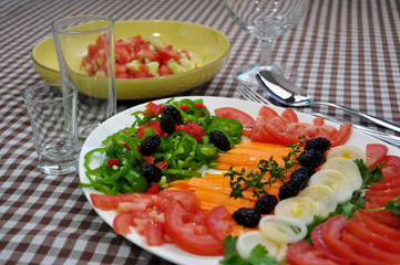fresh vegetable salad on a checked tablecloth