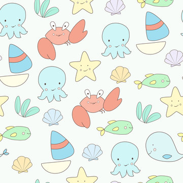 Cute sea life seamless vector background. Painted in Japanese cartoon style
