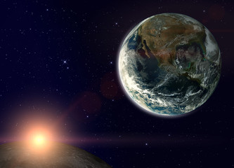 Fantasy composition with the Earth in a starry sky. The sun rises behind the Moon. Elements of this image furnished by NASA.