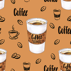 Glass of hot coffee on a brown background. Color drawing markers. Handwork sketch. Seamless pattern for design