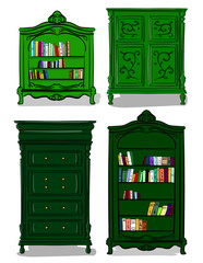 A set of furniture bookcases with chests of drawers in shades of green colours on a white background eps 10 illustration © Мария Мисюк