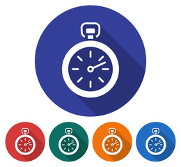 Round icon of  stopwatch. Flat style illustration with long shadow in five variants background color