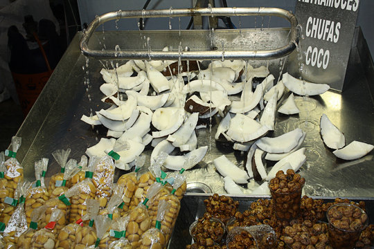 coconut cut into pieces for sale at the festival