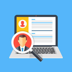 Human resources, staffing concept. Laptop with candidates list and magnifying glass with candidate icon. Creative graphic elements. Modern flat design vector illustration