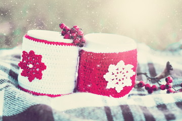 Drink. Two cup tea, winter snow  background