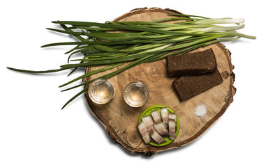 Lard, vodka and onion on the stump with bread