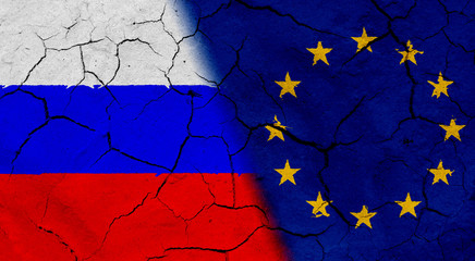 Flag of Russia and EU, with cracked background texture