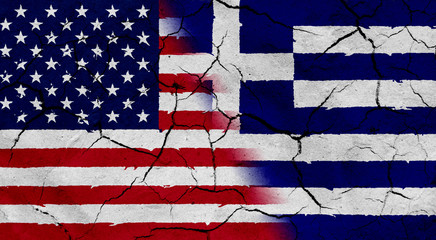 Obraz premium Flag of USA and Greece, with cracked background texture