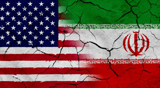 Flag Of USA And Iran, With Cracked Background Texture