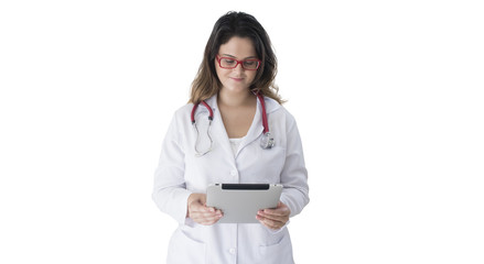 Woman doctor, veterinary or scientist with stethoscope isolated over white background