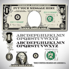 One dollar bill parts with an alphabet to make your own message    - obrazy, fototapety, plakaty