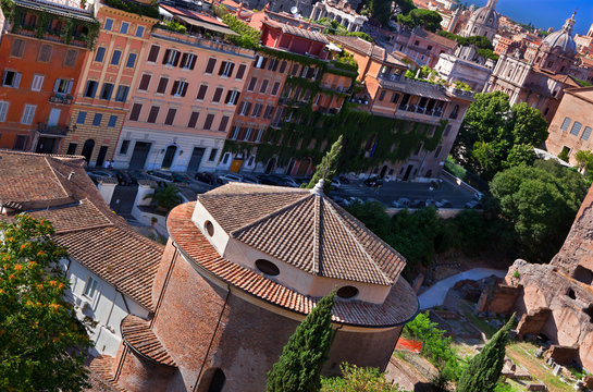 View from Palatine hill at Chiesa ortodossa di San Teodoro and Roman forum