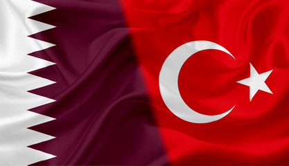 Flag of Qatar and Turkey, with waving fabric texture